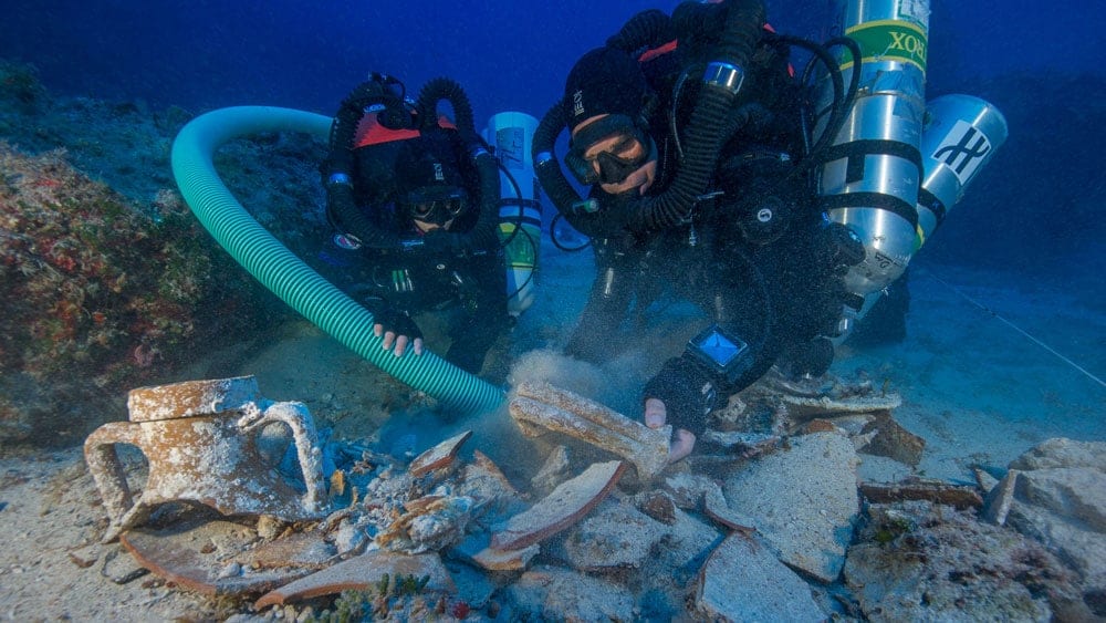 A research team exploring the Antikythera shipwreck in 2012