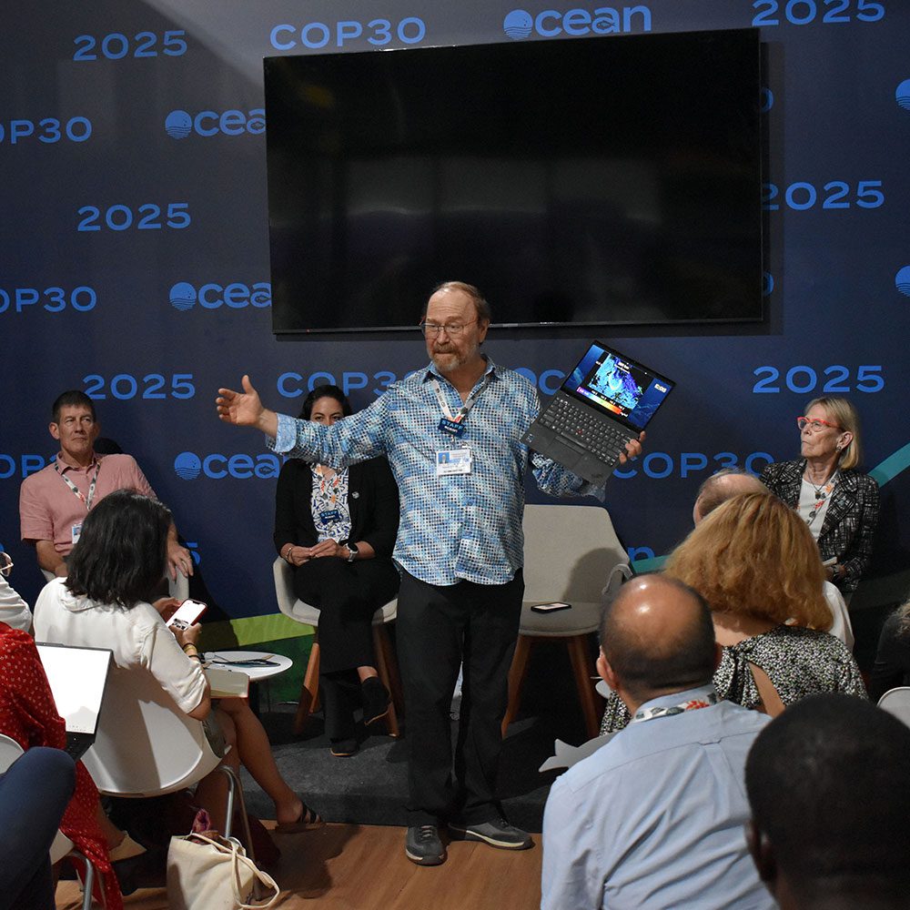 WHOI chemist Ken Buesseler and his panel on the challenges faced by marine carbon dioxide on the high seas found themselves forced to adapt to a lack of power in the Blue Zone. (Photo courtesy of the Ocean Pavilion)