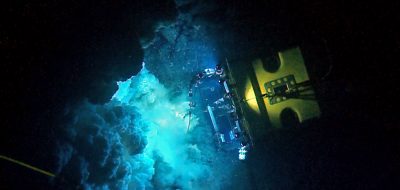 Overhead view of ROV Jason working at an underwater volcano site. (© Woods Hole Oceanographic Institution)