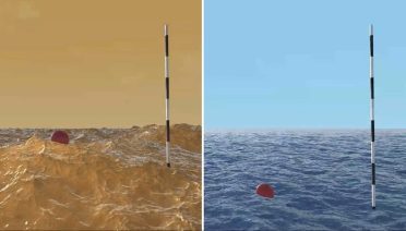The same gentle wind that would create small ripples on a lake in Earth (right) would make large waves on Saturn’s largest moon Titan (left). In these renderings, the marker is measured in meters. (Courtesy of Taylor Perron, Una Schneck, et al)