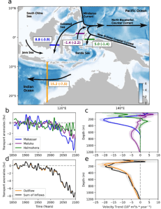 Map and graphs showing Indonesian Throughflow pathways, transport anomalies, and velocity trends under future warming scenarios.