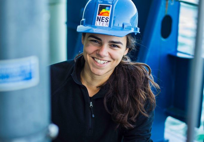 MIT-WHOI Joint Program student Alexandra Cabanelas during a Northeast U.S. Shelf Long-Term Ecological Research (NESLTER) research cruise in Fall 2023. (Photo by Daniel Hentz, © Woods Hole Oceanographic Institution)