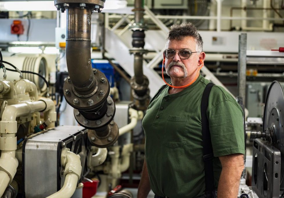 Kyle Covert is an oiler on R/V Neil Armstrong. (Photo by Daniel Hentz, WHOI)