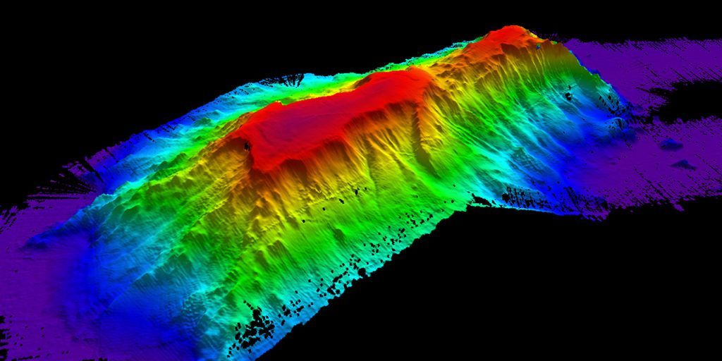 Bathymetry map of Kelvin Seamount, looking north by northeast. (Woods Hole Oceanographic Institution)